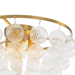 Brass Draped Ribbed Glass Globe Round Semi Flush Chandelier