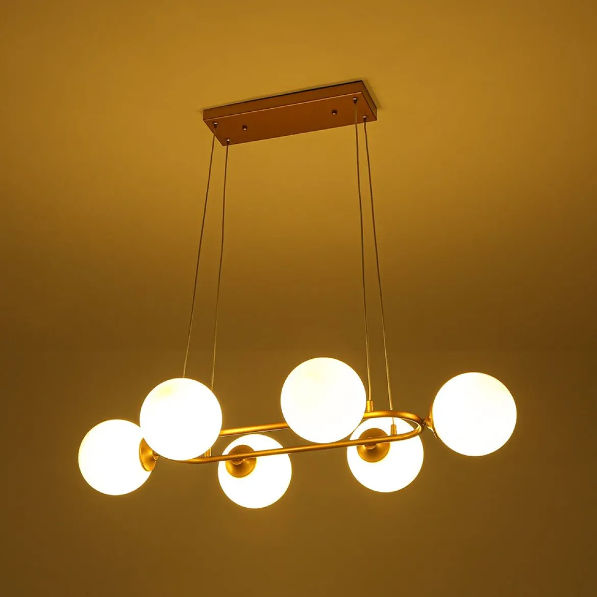 Brass Frosted White Glass Bubble Oval Ring Island Chandelier