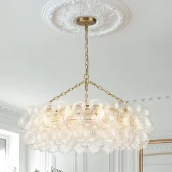 Brass Halo Ribbed Glass Globe Bubble Ring Chandelier