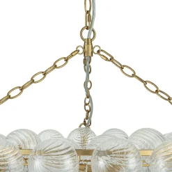 Brass Halo Ribbed Glass Globe Bubble Ring Chandelier