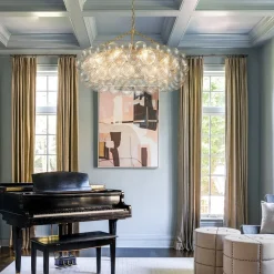 Brass Halo Ribbed Glass Globe Bubble Ring Chandelier