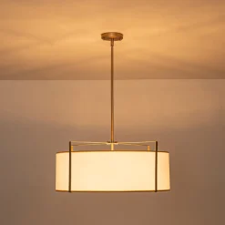 Brass Large White Fabric Drum Cage Chandelier