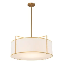 Brass Large White Fabric Drum Cage Chandelier