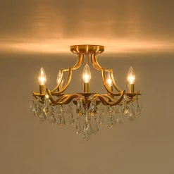 Brass 5-Light Candle Style Crystal Crown Semi Flush Mount