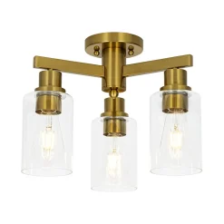 Brass 3-Light Clear Glass Cylinder Semi Flush Mount