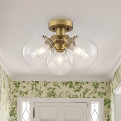 Brass 3-Light Clear Glass Glass Globe Ceiling Light