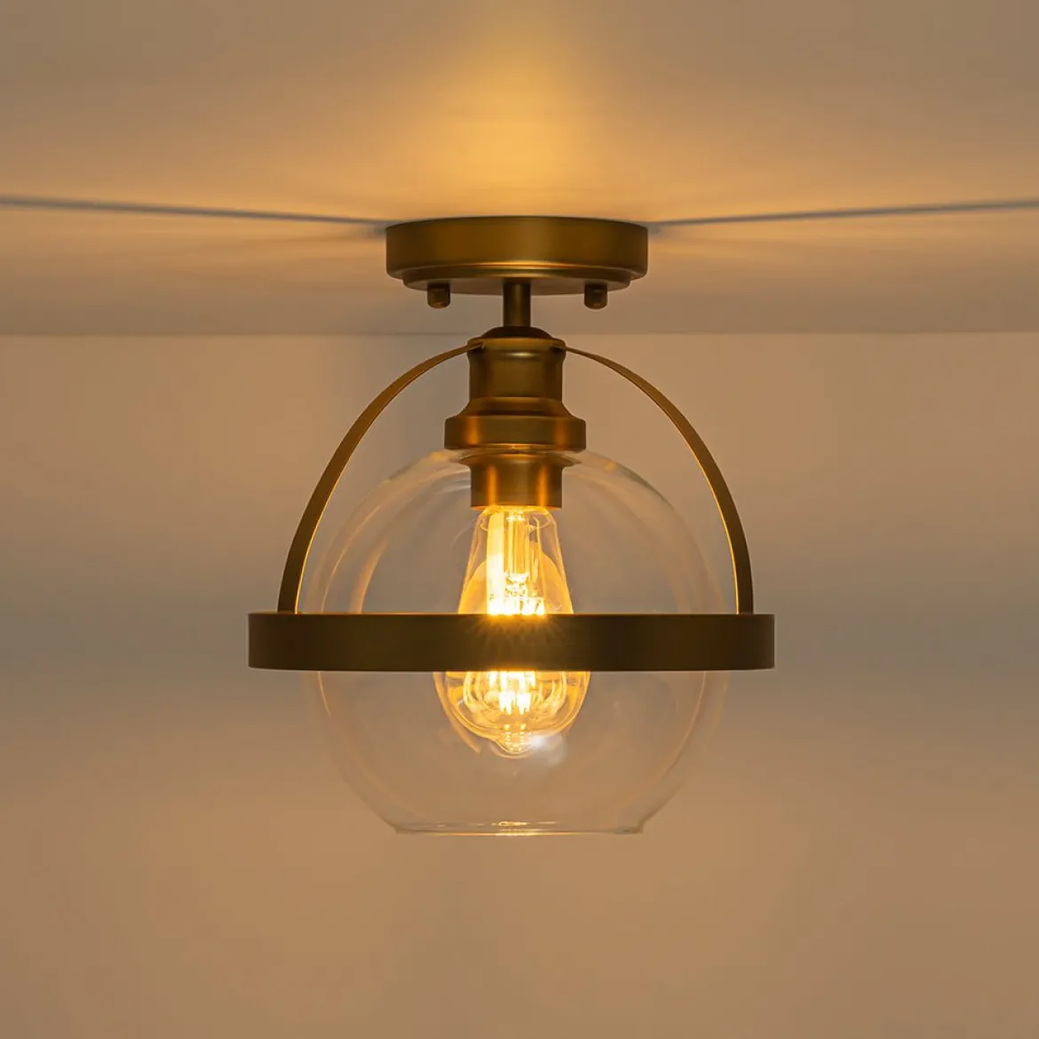 Brass 1-Light Clear Glass Sphere Globe Semi-Flush Mount