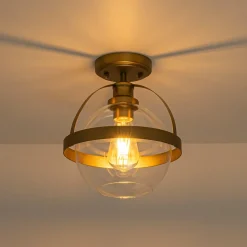 Brass 1-Light Clear Glass Sphere Globe Semi-Flush Mount