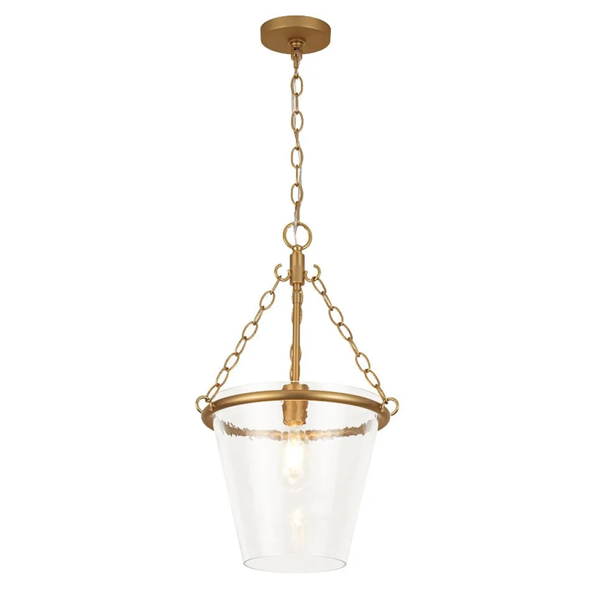 Brass 1-Light Clear Textured Glass Conical Cage Pendant