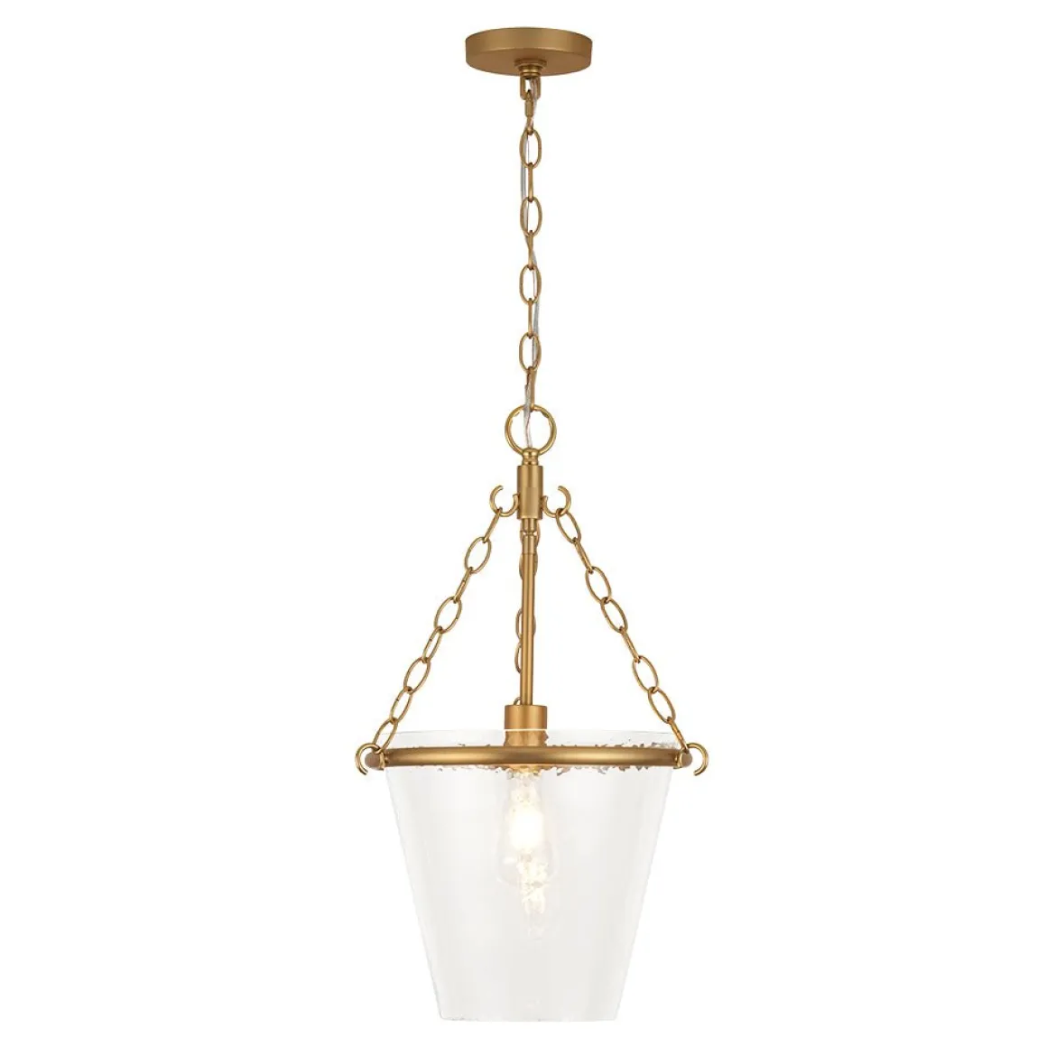 Brass 1-Light Clear Textured Glass Conical Cage Pendant