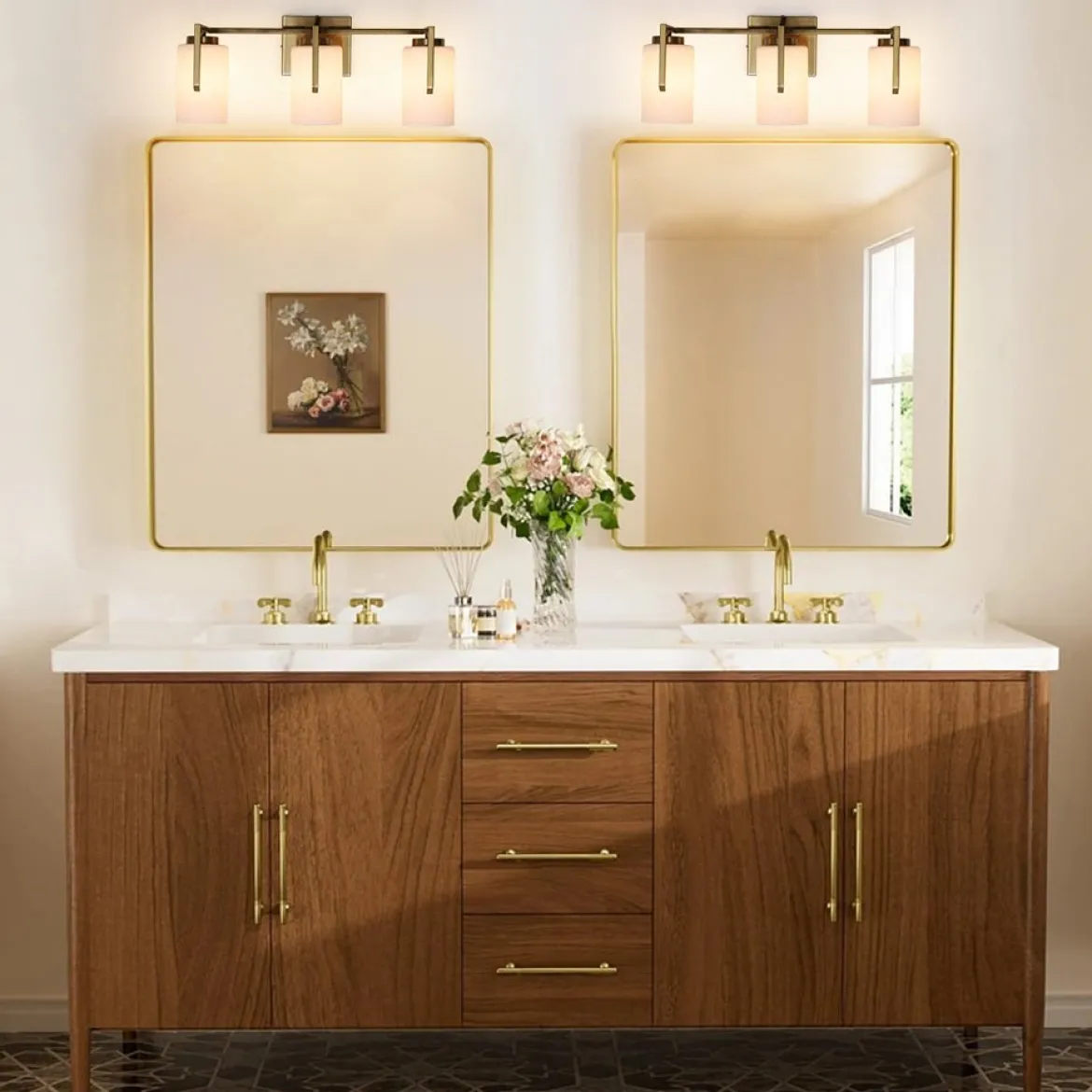 Brass 3-Light Frosted Glass Cylindrical Shade Vanity Wall Sconce