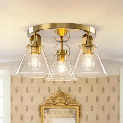 Brass 3-Light Glass Conical Shade Round Ceiling Light