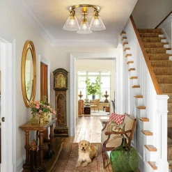 Brass 3-Light Glass Conical Shade Round Ceiling Light