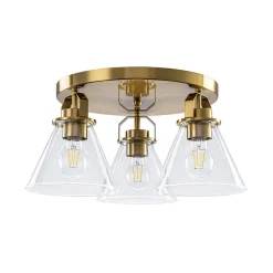 Brass 3-Light Glass Conical Shade Round Ceiling Light