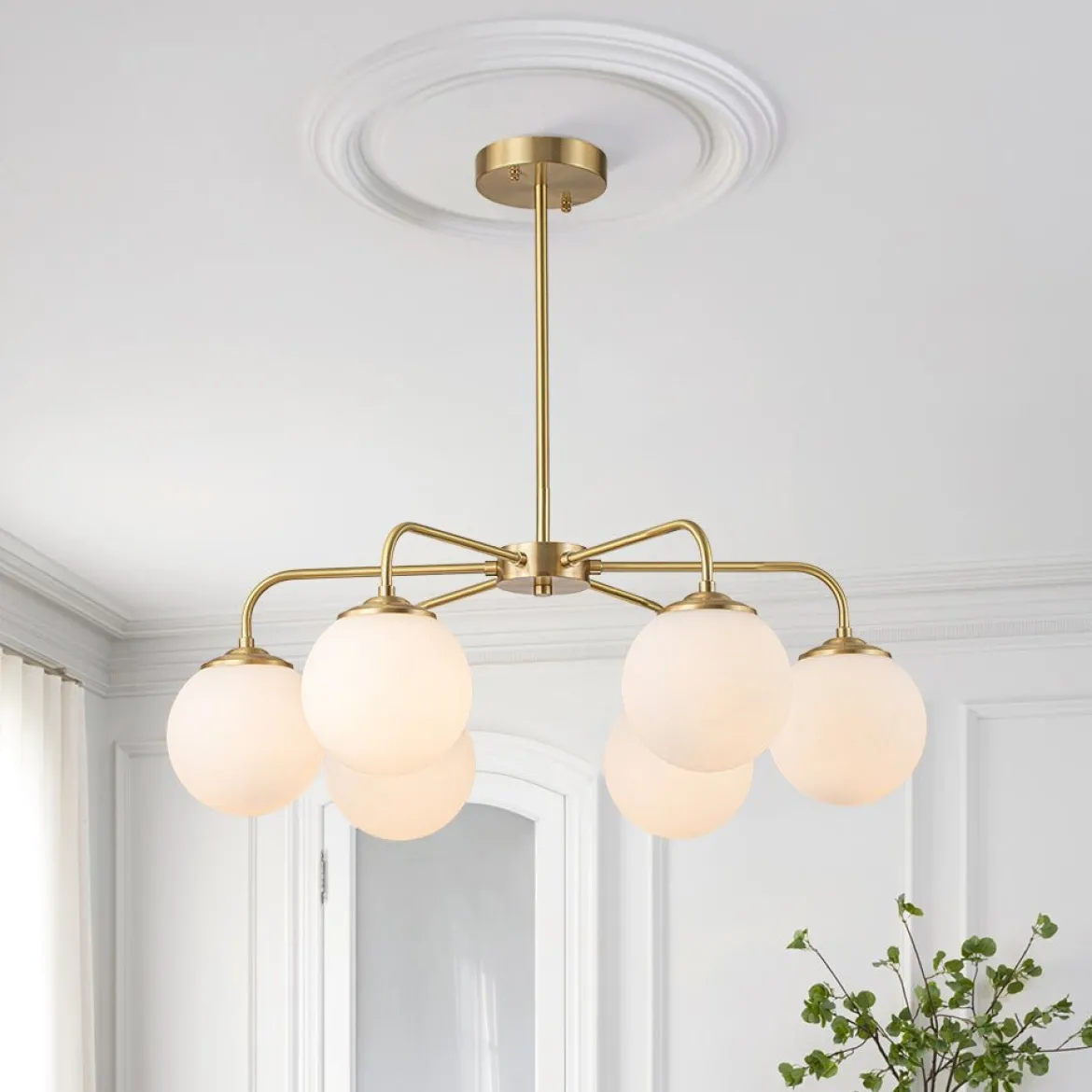 Brass 6-Light Milky White Globe Round Chandelier