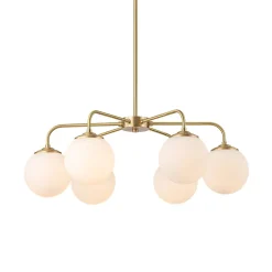 Brass 6-Light Milky White Globe Round Chandelier