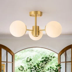 Brass 3-Light Opal Glass Globe Semi Flush Mount