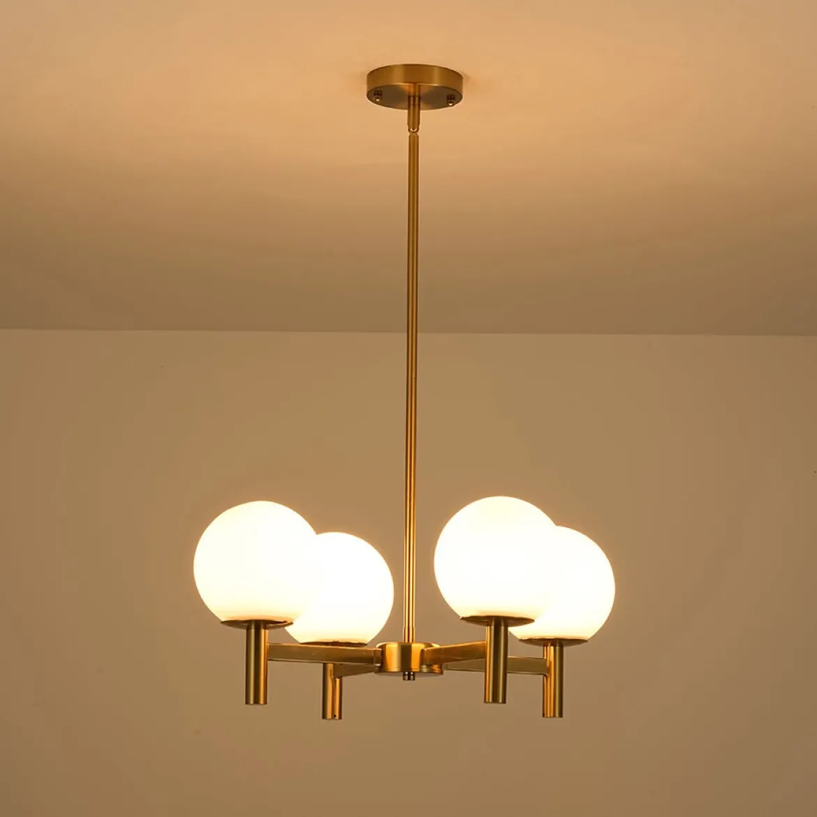 Brass 4-Light Opal Glass Globe Round Sputnik Chandelier