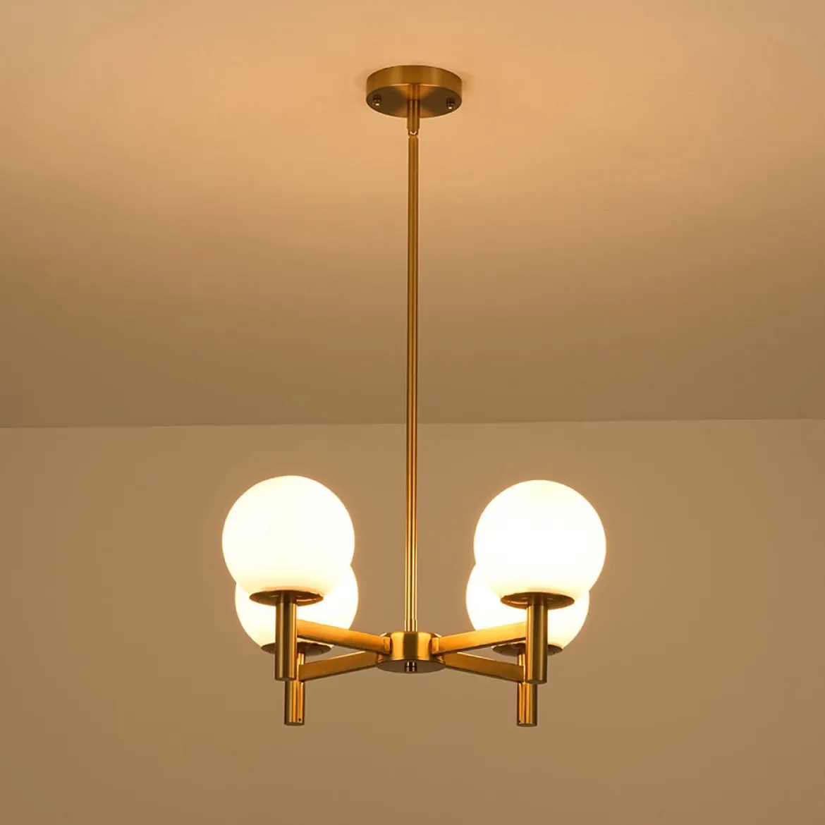 Brass 4-Light Opal Glass Globe Round Sputnik Chandelier