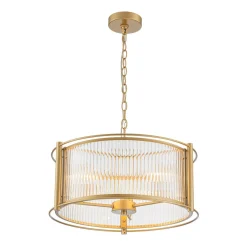 Brass 3-Light Ribbed Glass Drum Lantern Pendant Light