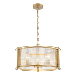 Brass 3-Light Ribbed Glass Drum Lantern Pendant Light