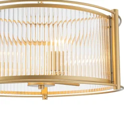 Brass 3-Light Ribbed Glass Drum Lantern Pendant Light