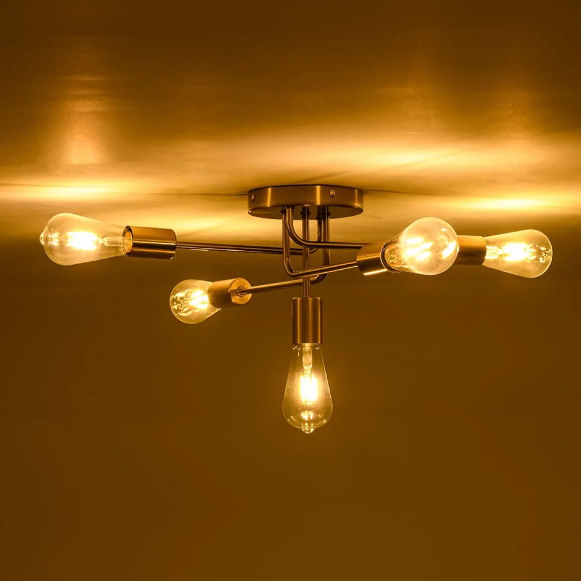 Brass 5-Light Tiered Linear Sputnik Semi Flush Mount