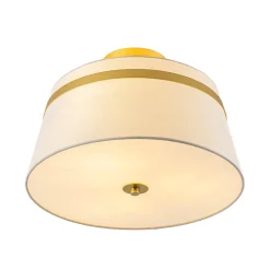 Brass 3-Light White Fabric Drum Cage Semi Flush Mount