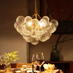 Brass Luxe Cluster Rippled Glass Globe Bubble Chandelier