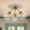 Brass Mid-Century 3-Light Glass Globe Semi Flush Mount