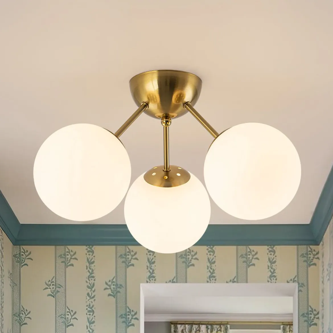Brass Mid-Century 3-Light Glass Globe Semi Flush Mount