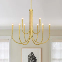 Brass Mid-Century Minimalist Tiered Candle Style Chandelier