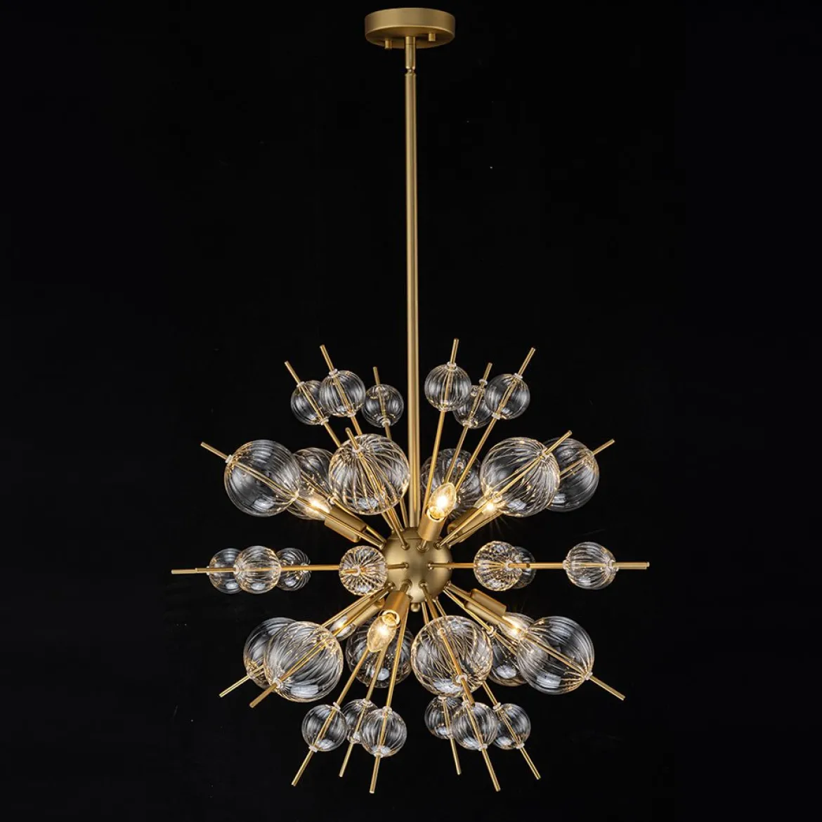 Brass Ribbed Glass Globe Bubble Sputnik Sunburst Chandelier