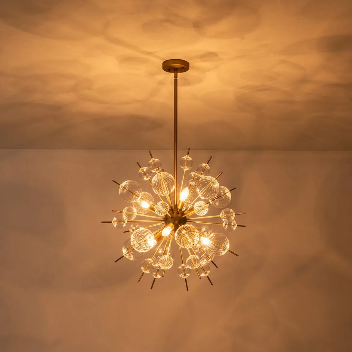 Brass Ribbed Glass Globe Bubble Sputnik Sunburst Chandelier