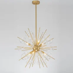 Brass Ribbed Glass Globe Bubble Sputnik Sunburst Chandelier