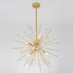 Brass Ribbed Glass Globe Bubble Sputnik Sunburst Chandelier