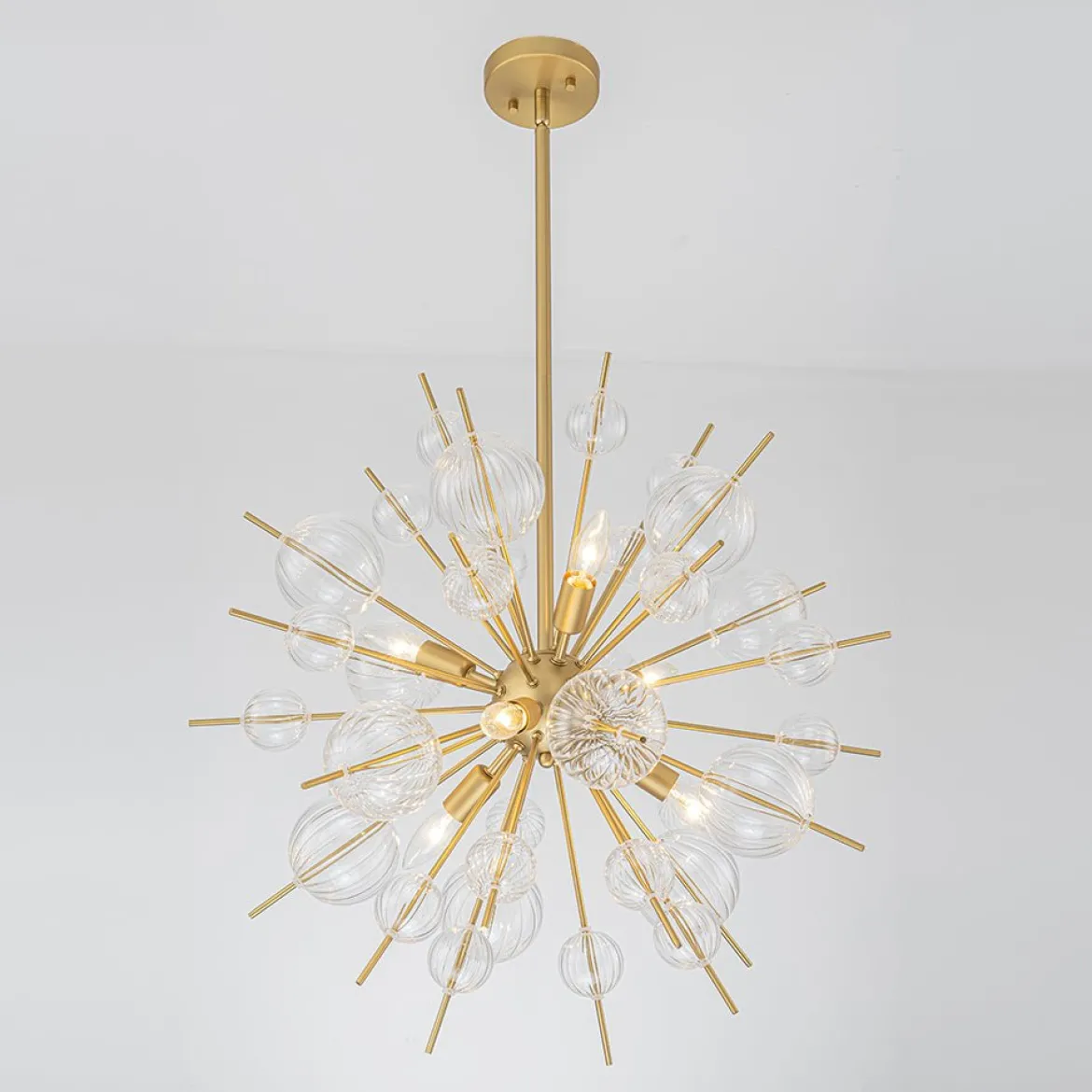 Brass Ribbed Glass Globe Bubble Sputnik Sunburst Chandelier