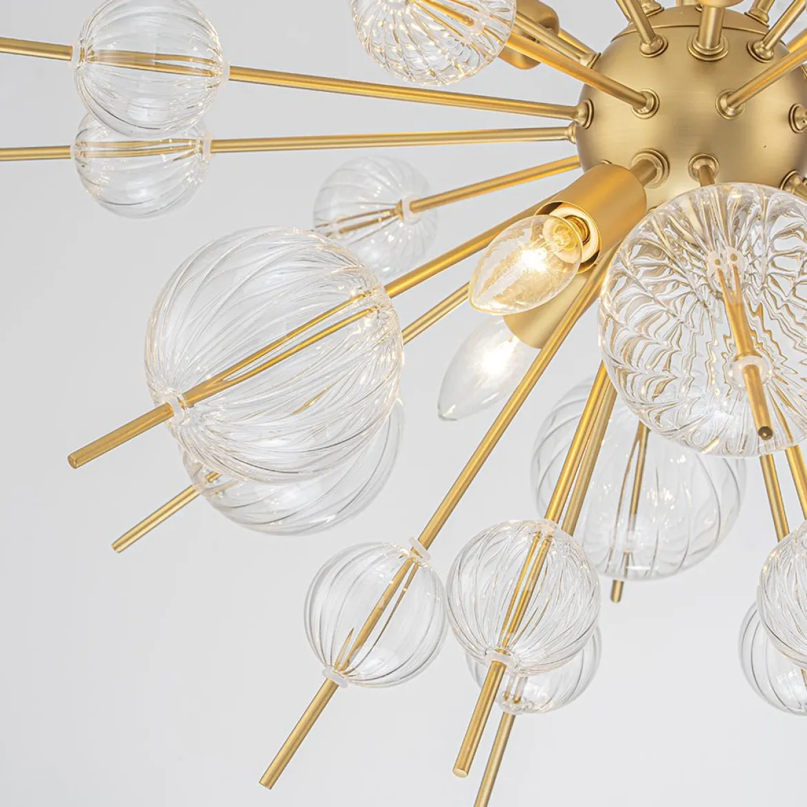 Brass Ribbed Glass Globe Bubble Sputnik Sunburst Chandelier