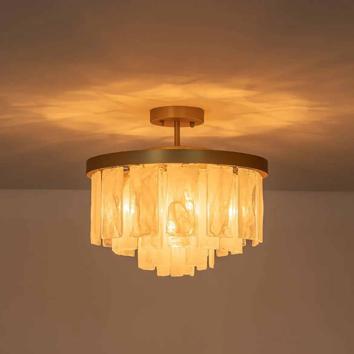 Brass Round Tiered Opal Swirl Glass Pendant Chandelier