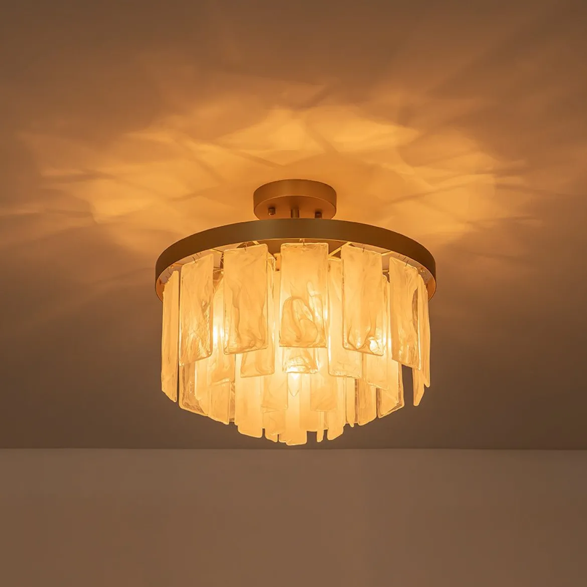 Brass Round Tiered Opal Swirl Glass Pendant Chandelier