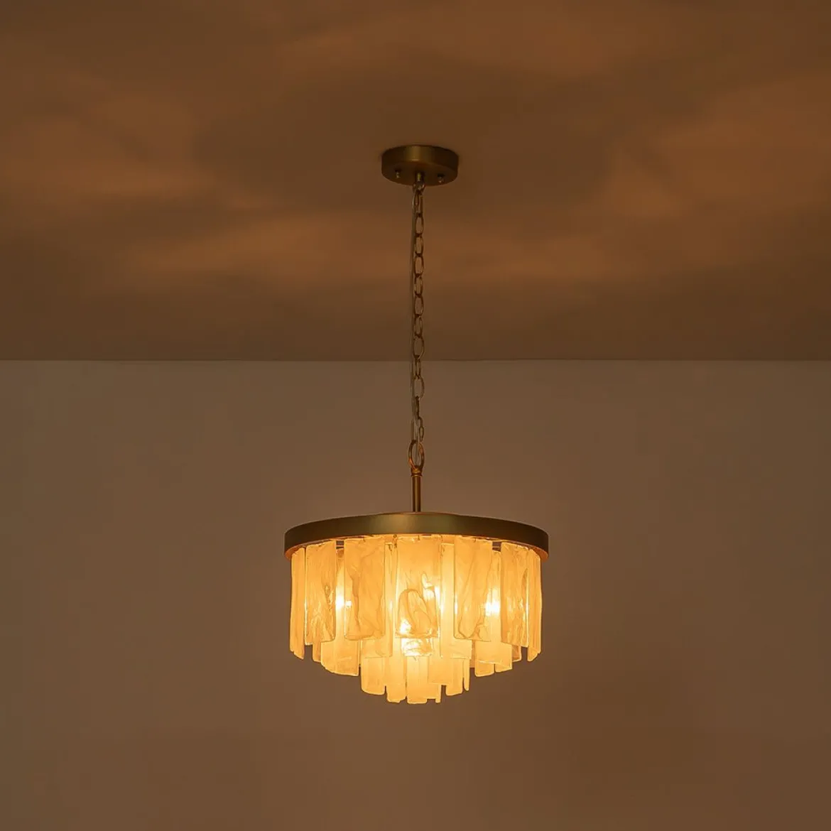 Brass Round Tiered Opal Swirl Glass Pendant Chandelier