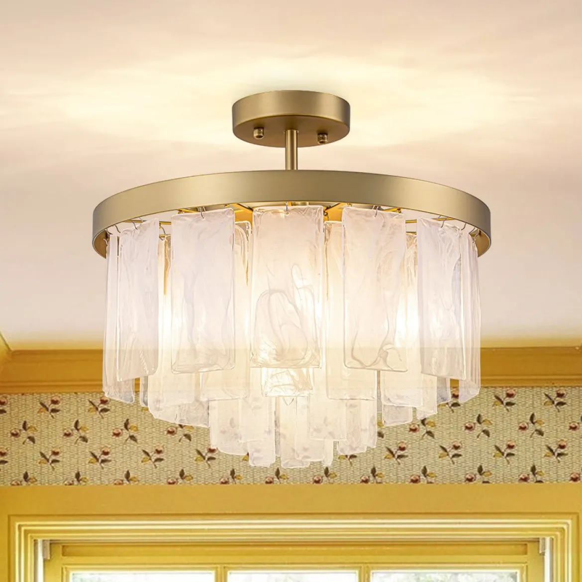 Brass Round Tiered Opal Swirl Glass Pendant Chandelier