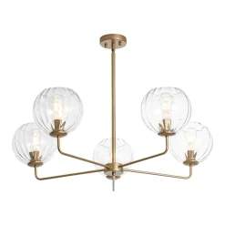 Brass Striped Ribbed Glass Globe 5-light Sputnik Chandelier