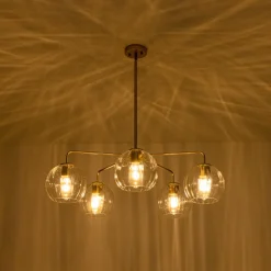 Brass Striped Ribbed Glass Globe 5-light Sputnik Chandelier