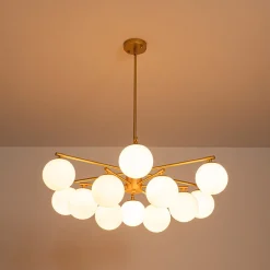 Brass 2-Tier Sputnik Frosted Glass Bubble Pendant Chandelier