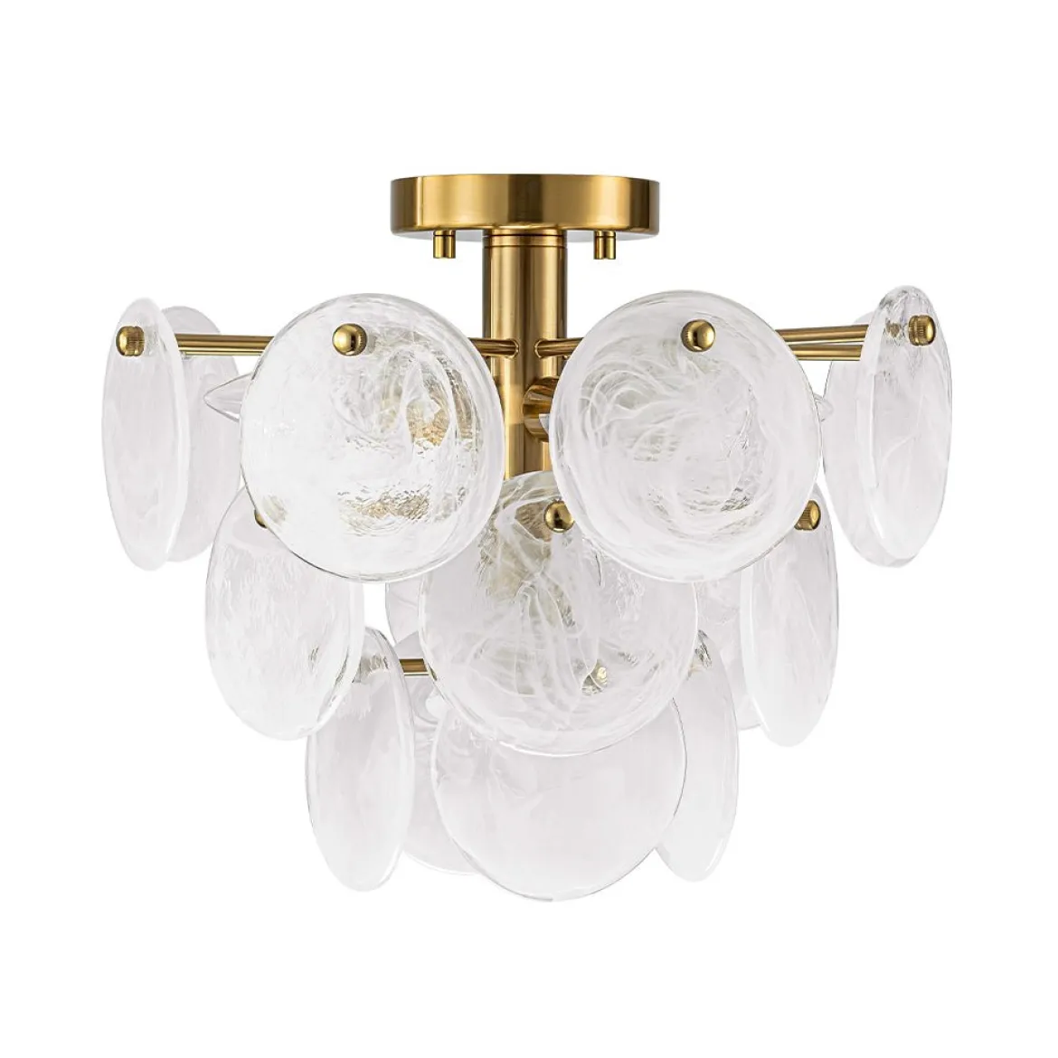 Brass Tiered Opal Swirl Glass Semi Flush Chandelier