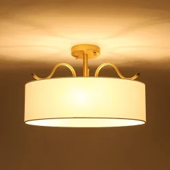 Brass White Fabric Drum Cage Semi Flush Dual Mount Chandelier
