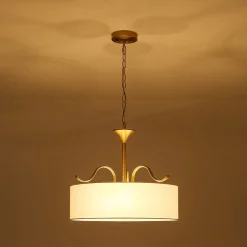 Brass White Fabric Drum Cage Semi Flush Dual Mount Chandelier