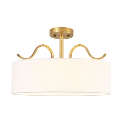 Brass White Fabric Drum Cage Semi Flush Dual Mount Chandelier
