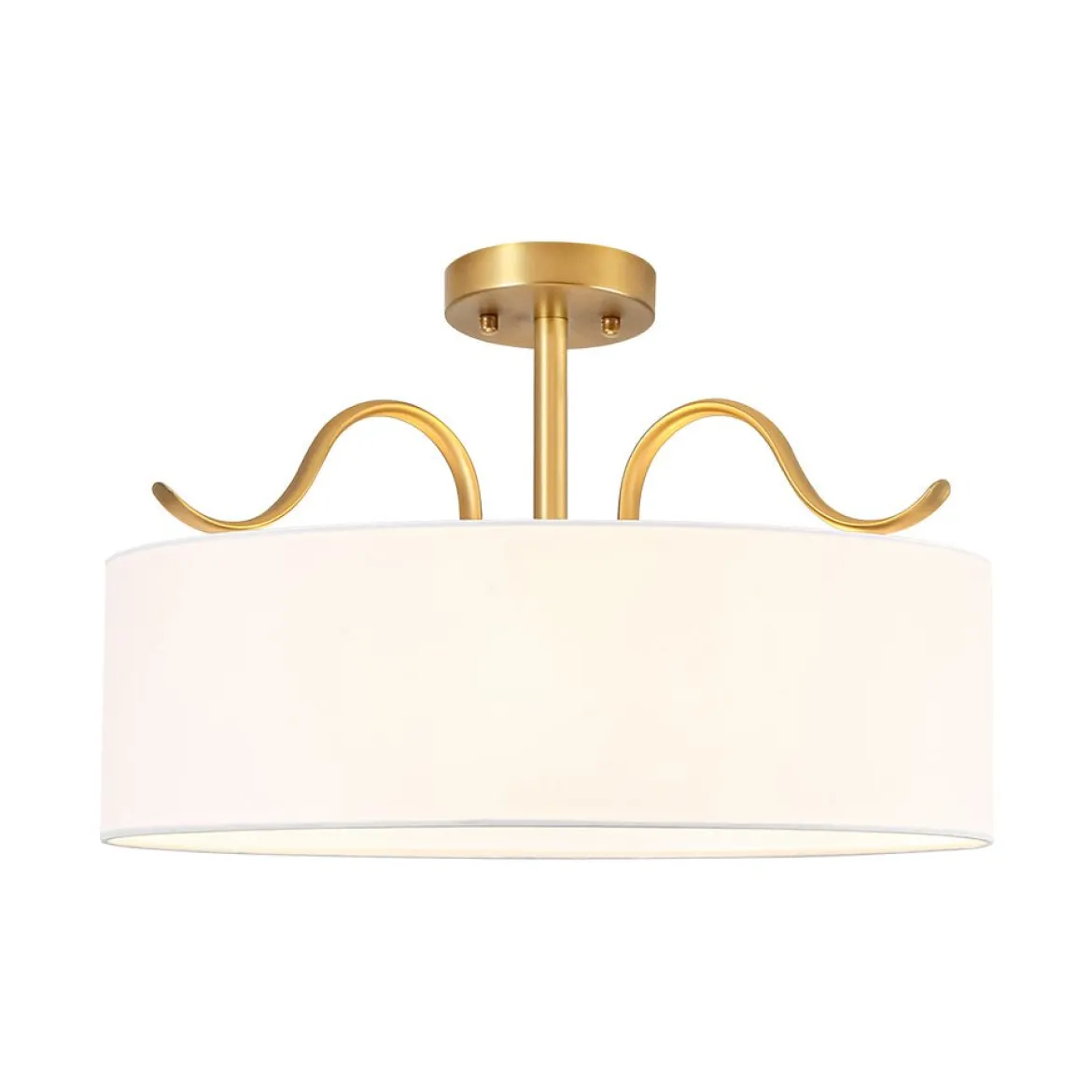 Brass White Fabric Drum Cage Semi Flush Dual Mount Chandelier